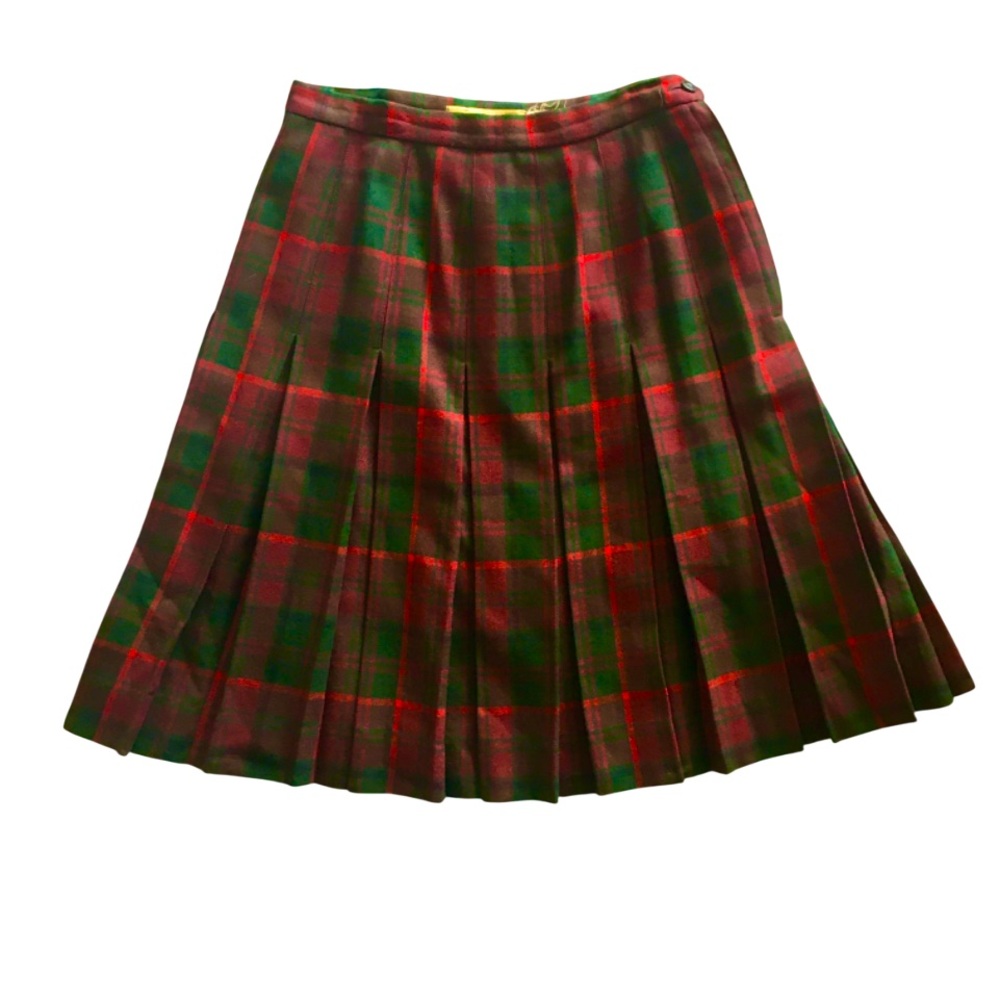 Vintage Plaid Pleated Skirt 100% Wool 70s Tartan Preppy Academia Red Green XS